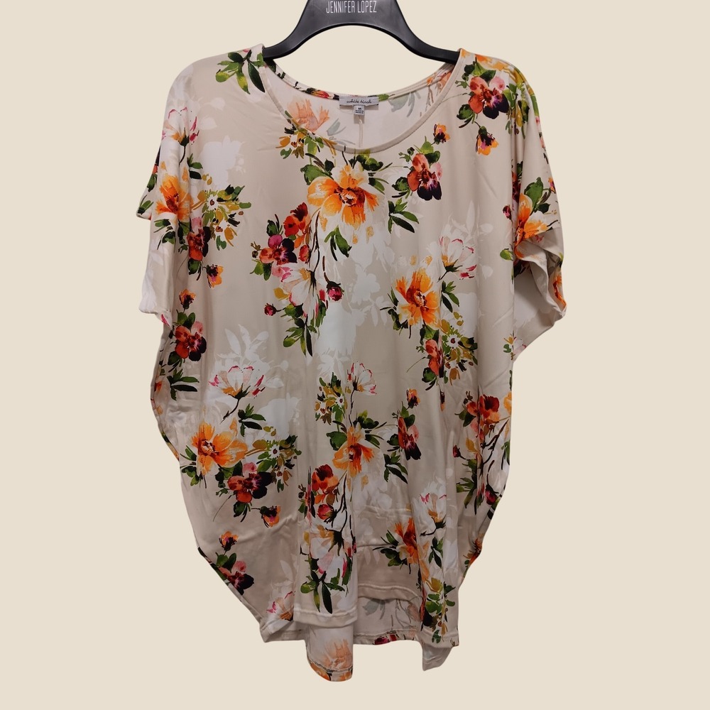 White Birch Floral Dolman Sleeve Top Beige Orange Pink Medium T6295A8XL
